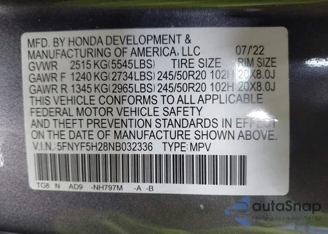 2022 Honda Pilot 2Wd Special Edition z USA, uszkodzony, nr VIN 5FNYF5H28NB032336